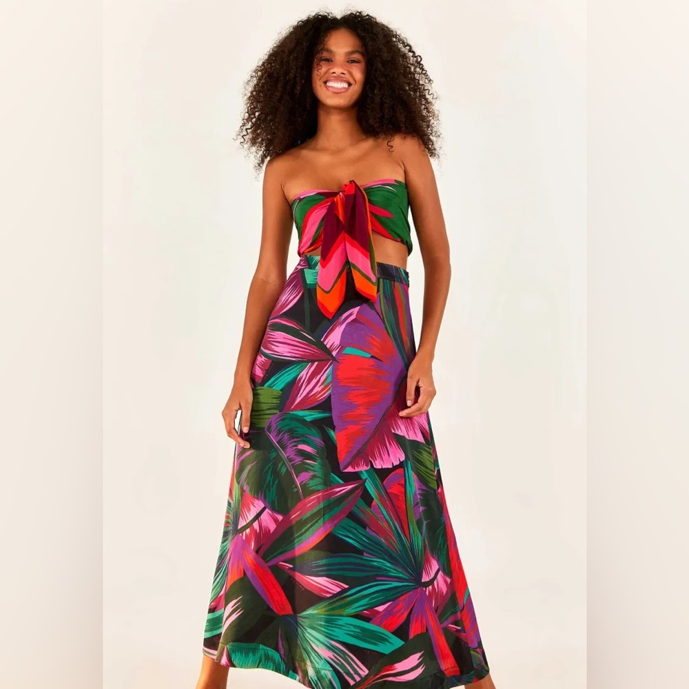 FARM RIO Tropical Midnight Leaves Midi Skirt
